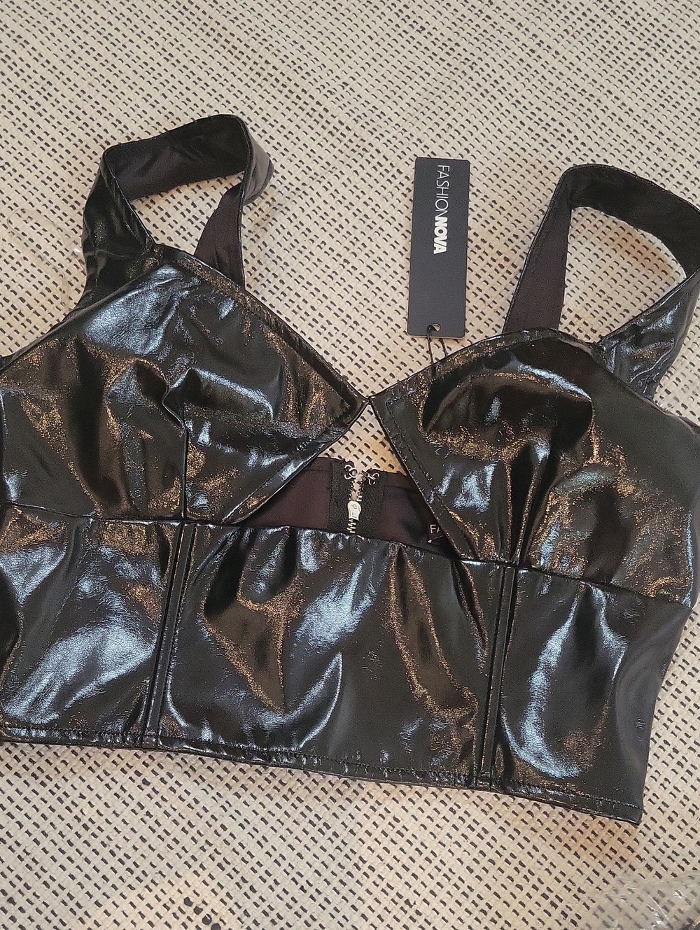 Fashion Nova Black Shiny Bustier Crop Top XS